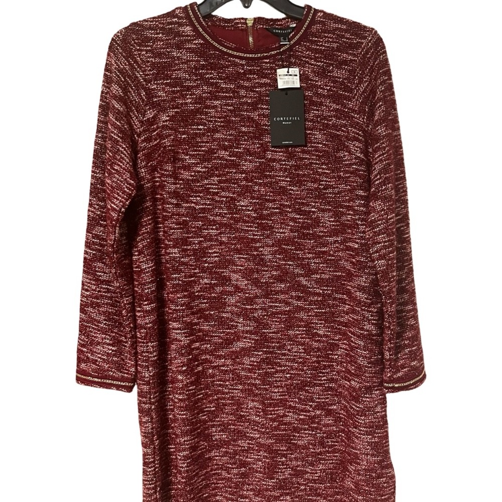 NWT Cortefiel Woman Red Tweed Tinsel Knit Shift Dress Gold Chain‎ Trim Size S